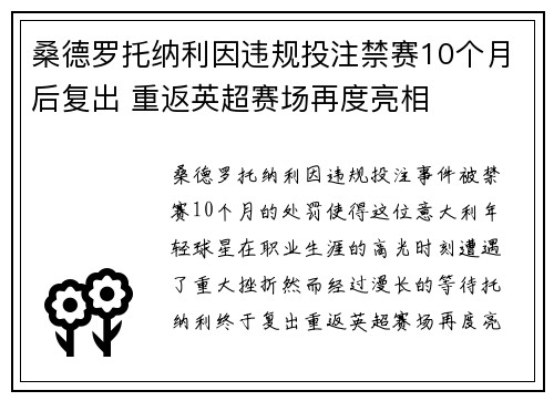 桑德罗托纳利因违规投注禁赛10个月后复出 重返英超赛场再度亮相